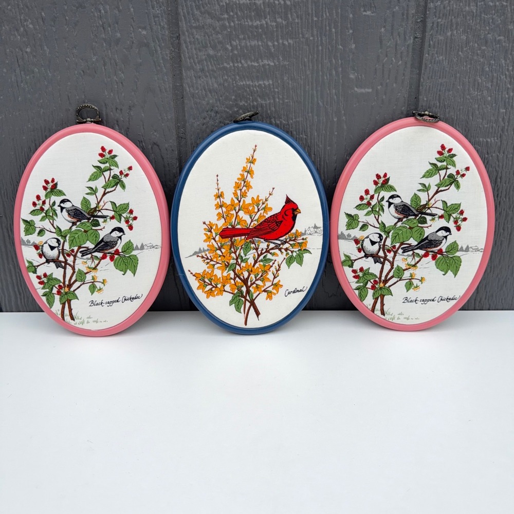Vintage Bird Wall Art Set 3 Oval Frames Cardinal Chickadee Cottagecore Decor